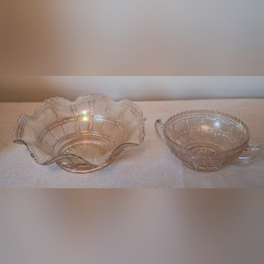 Vtg Imperial Glass Antique Bowls Clambroth Beaded Block Pattern Carnival Glass.